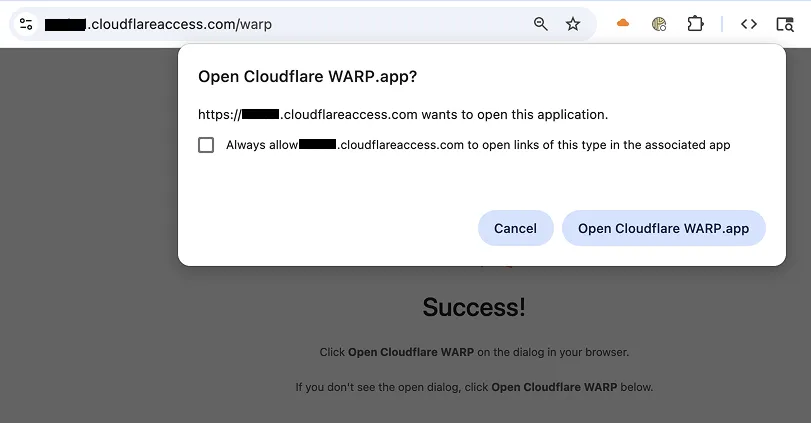 Browser popup requesting permission to open WARP